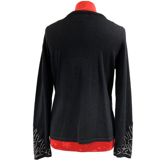 Black cardigan sweater lace applique pearl beadwork embellishment dressy size M - Picture 8 of 10